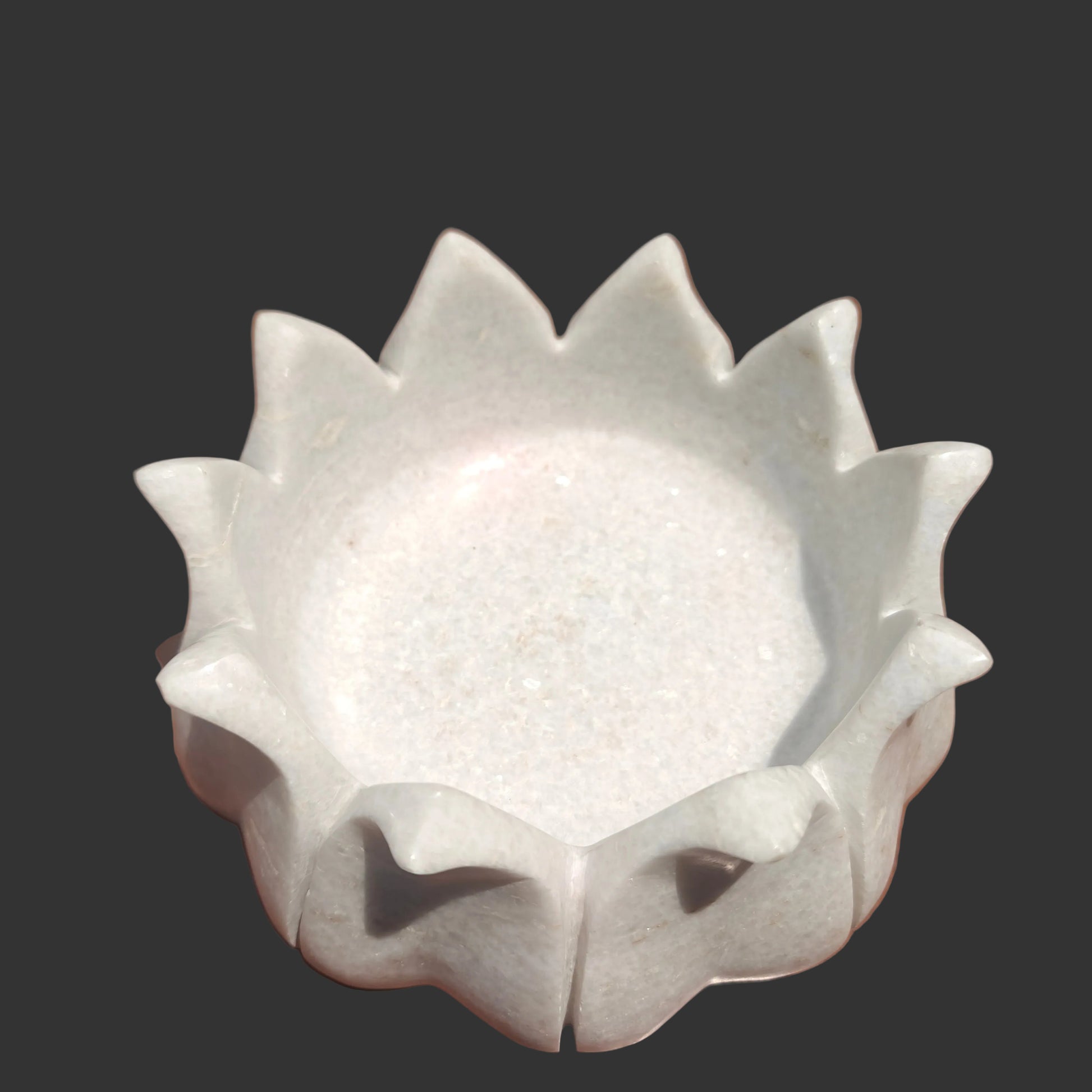 White marble deep lotus bowl side view tall upright petal design