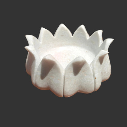 White marble deep lotus bowl top view decorative puja offering bowl India
