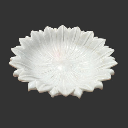 White marble lotus bowl hand-carved decorative puja and fruit bowl 12x12x1.5 inch