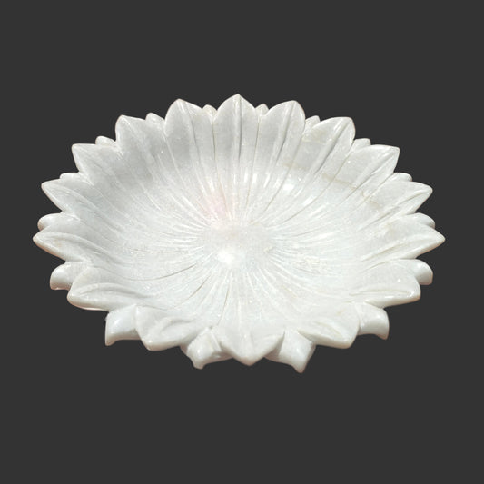 White marble lotus bowl hand-carved decorative puja and fruit bowl 12x12x1.5 inch