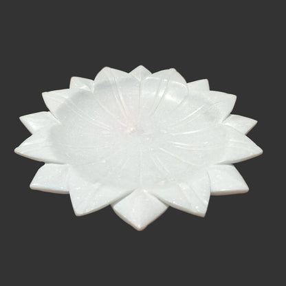 White marble lotus bowl hand-carved decorative puja and fruit bowl 12x12x1.5 inch