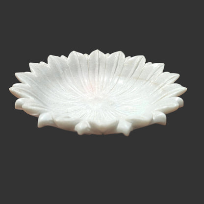 White marble lotus bowl side view hand-carved petal design