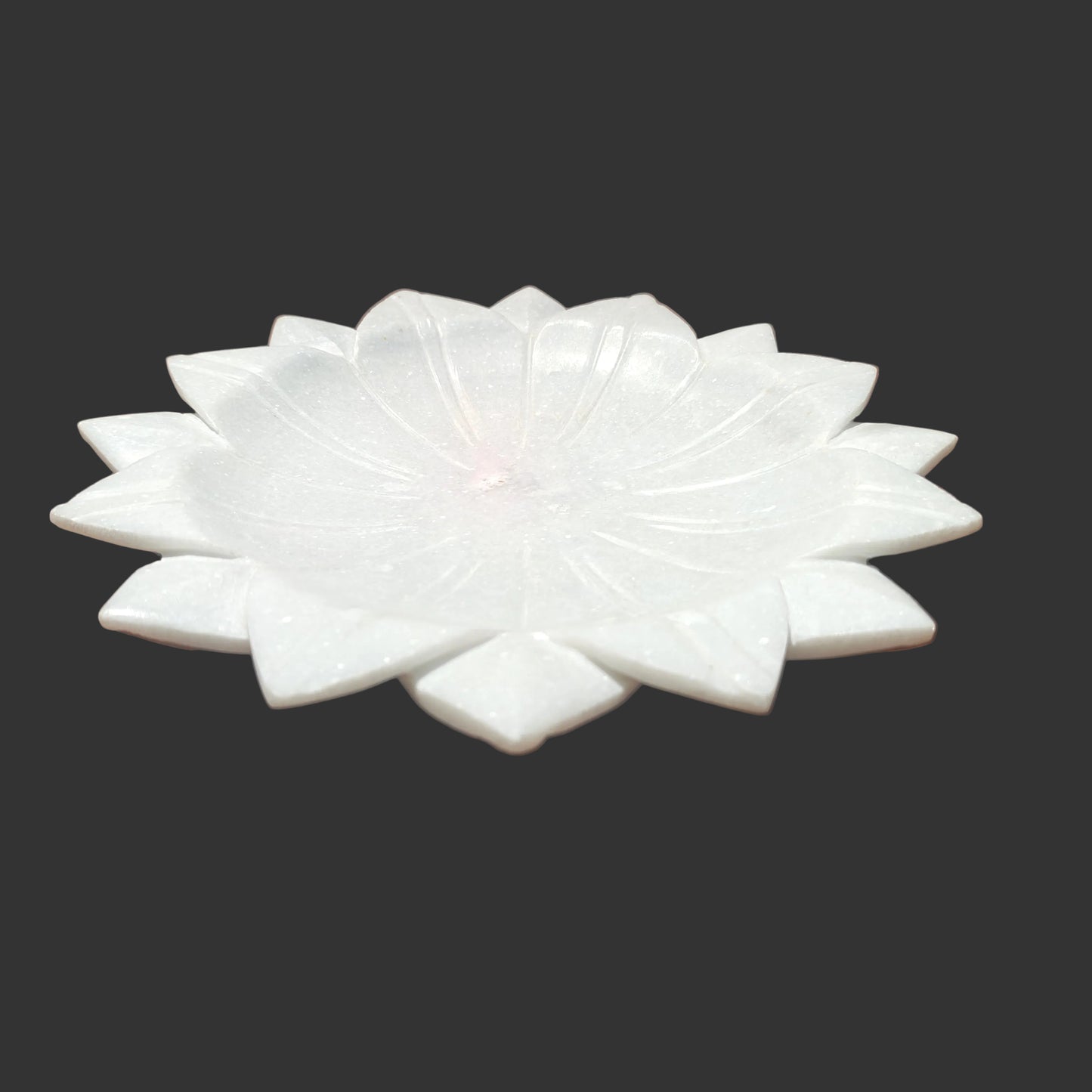 White marble lotus bowl side view hand-carved petal design
