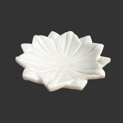 White marble lotus plate hand-carved petal design decorative puja offering plate 5x5x1 inch