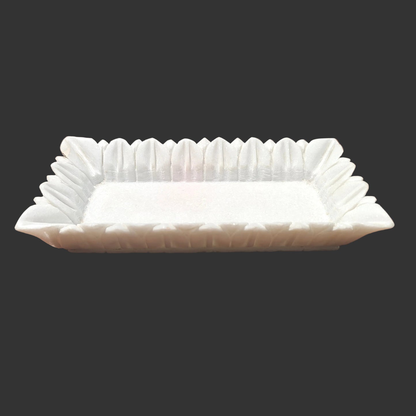 White marble rectangular tray hand-carved ruffle petal edge decorative puja and serving tray 12x6x2 inch