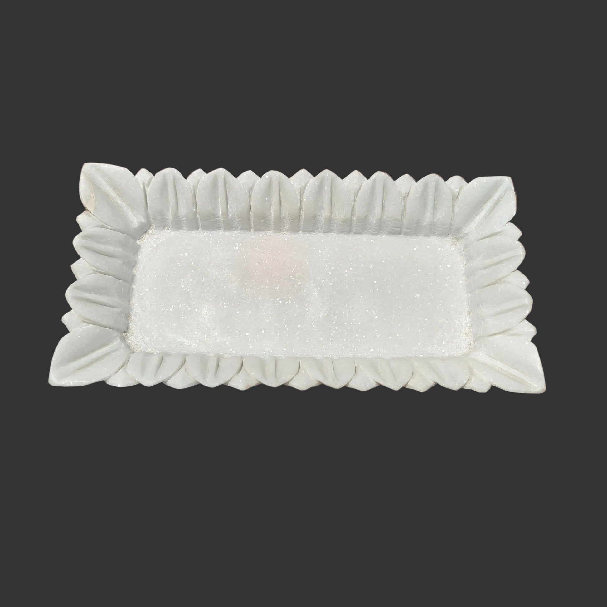 White marble rectangular tray side view pointed petal edge India