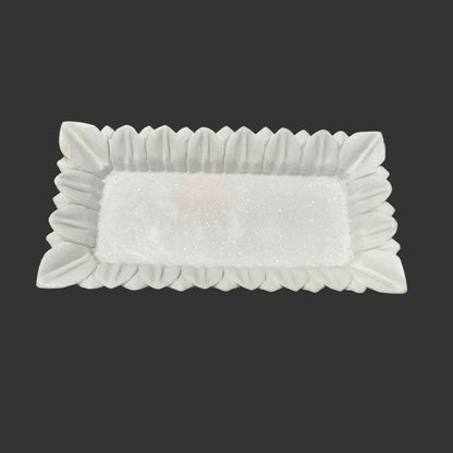 White marble rectangular tray side view pointed petal edge India