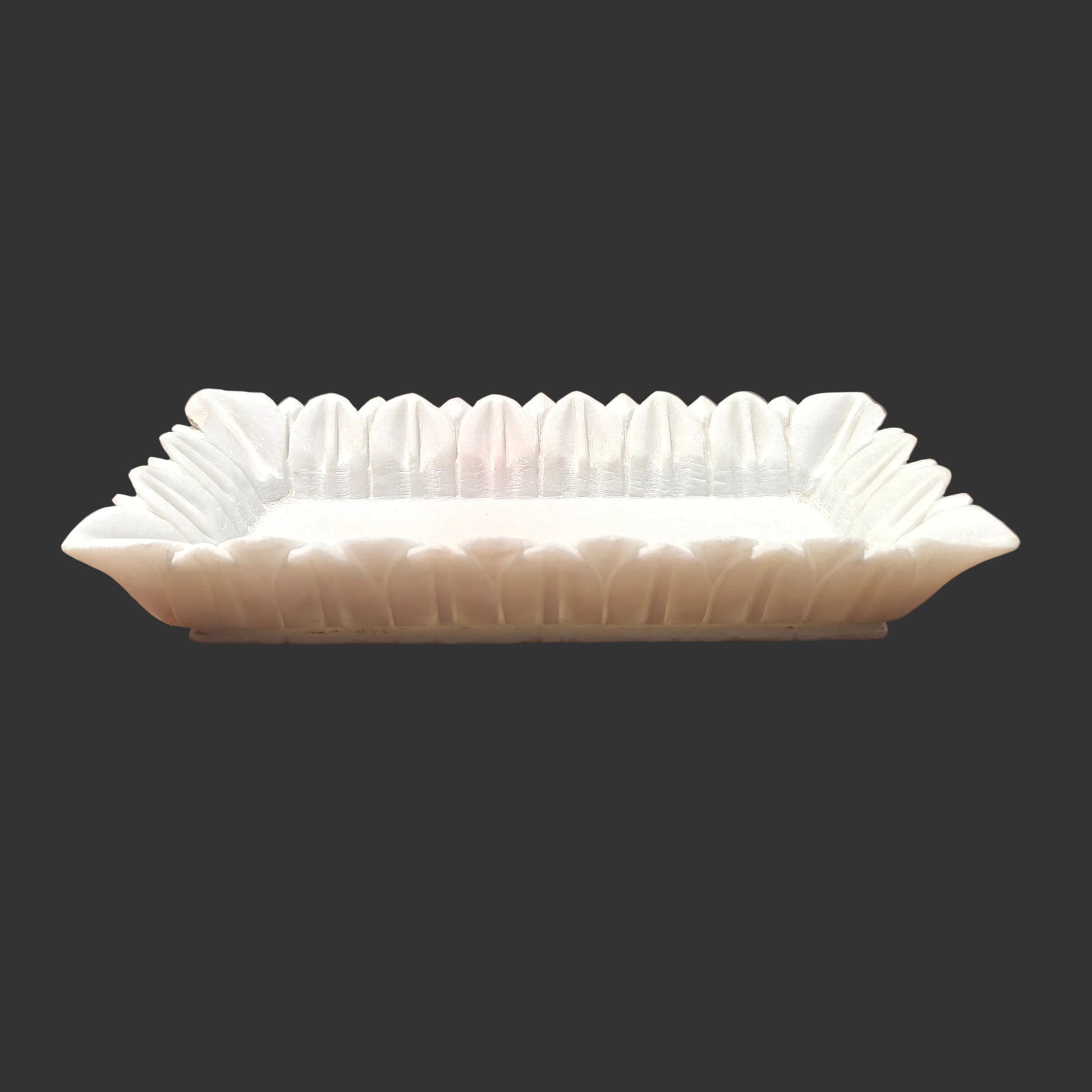 White marble rectangular tray top view ruffle petal edge design Rajasthan