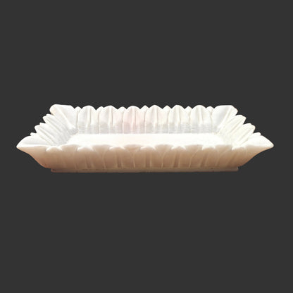 White marble rectangular tray top view ruffle petal edge design Rajasthan