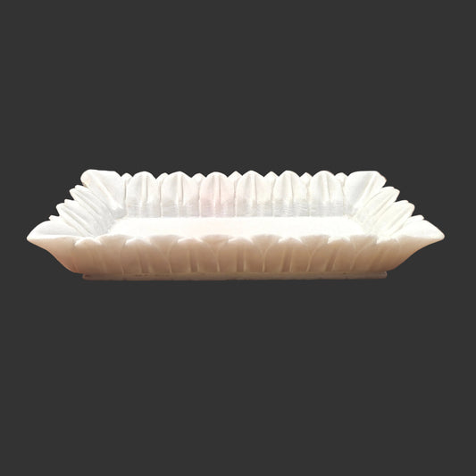 White marble rectangular tray top view ruffle petal edge design Rajasthan