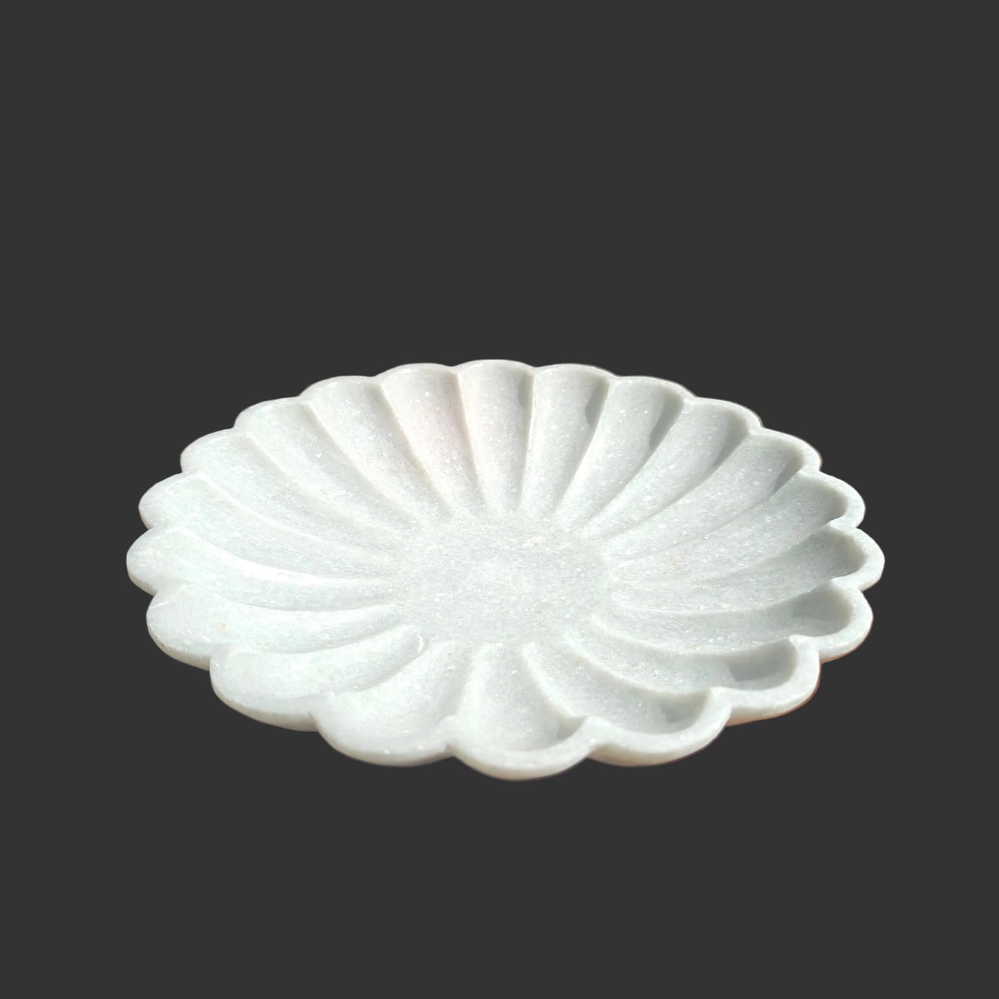 White marble scalloped plate hand-carved petal design decorative puja and serving plate 10x10x1.5 inch