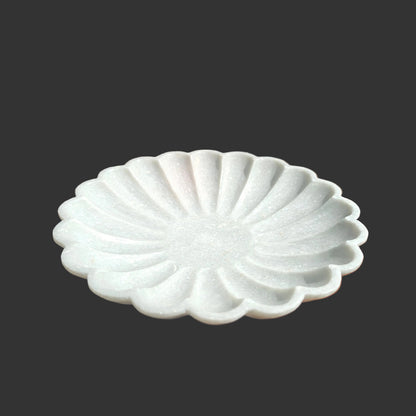 White marble scalloped plate hand-carved petal design decorative puja and serving plate 10x10x1.5 inch