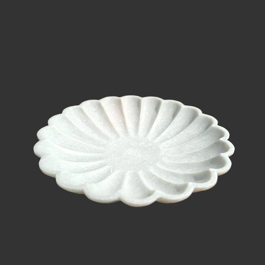 White marble scalloped plate hand-carved petal design decorative puja and serving plate 10x10x1.5 inch