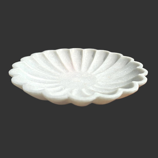 White marble scalloped plate side view flat petal design India
