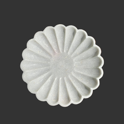 White marble scalloped plate top view petal ridges Rajasthan