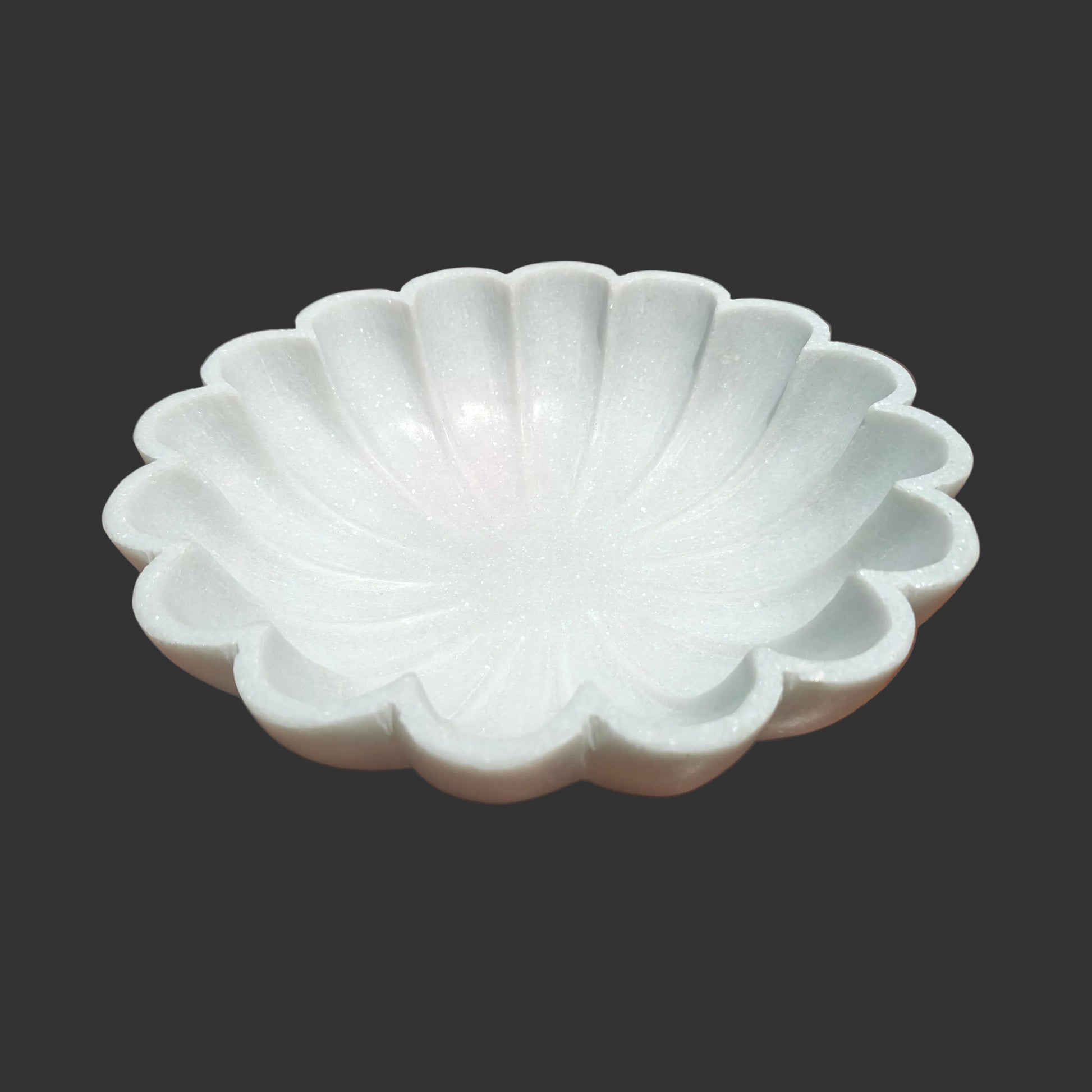 White marble shell bowl hand-carved ridged petals decorative puja and fruit bowl 12x12x3 inch