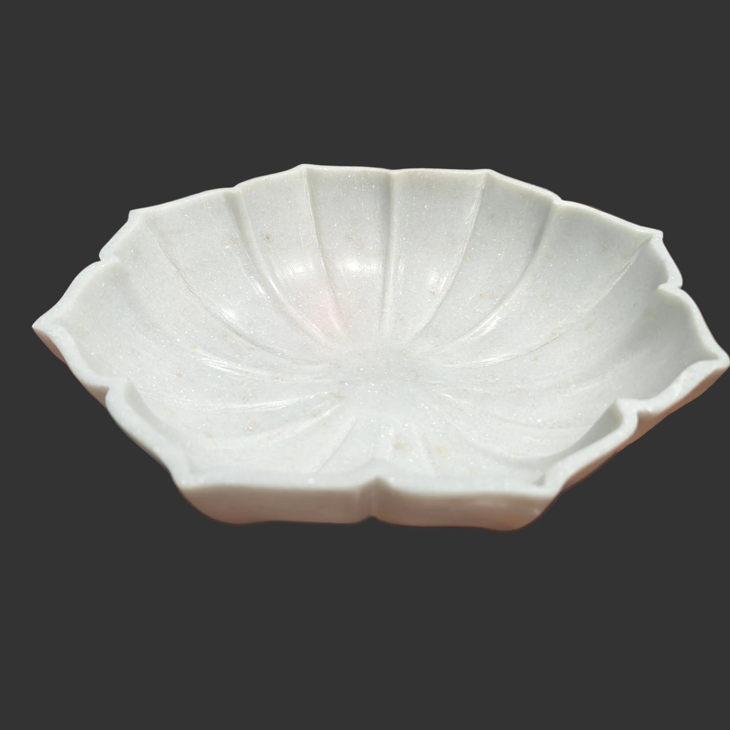 White marble shell bowl hand-carved ridged petals decorative puja and fruit bowl 12x12x3 inch
