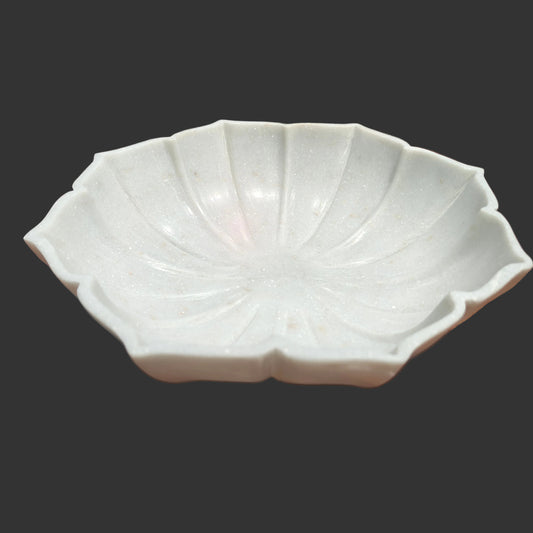 White marble shell bowl hand-carved ridged petals decorative puja and fruit bowl 12x12x3 inch