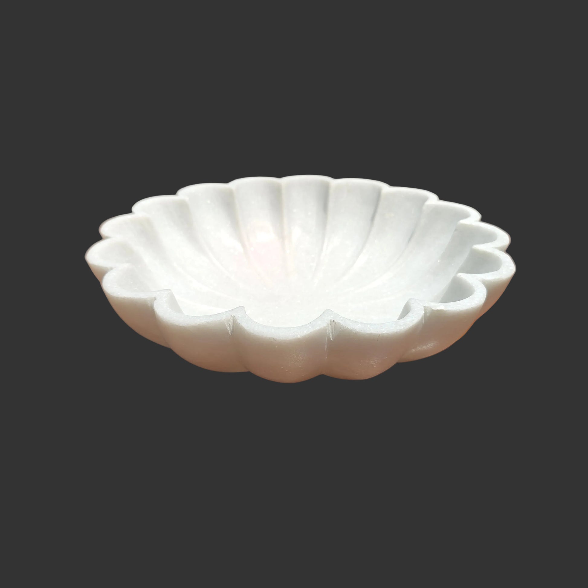 White marble shell bowl 12 inch side view scalloped petal design