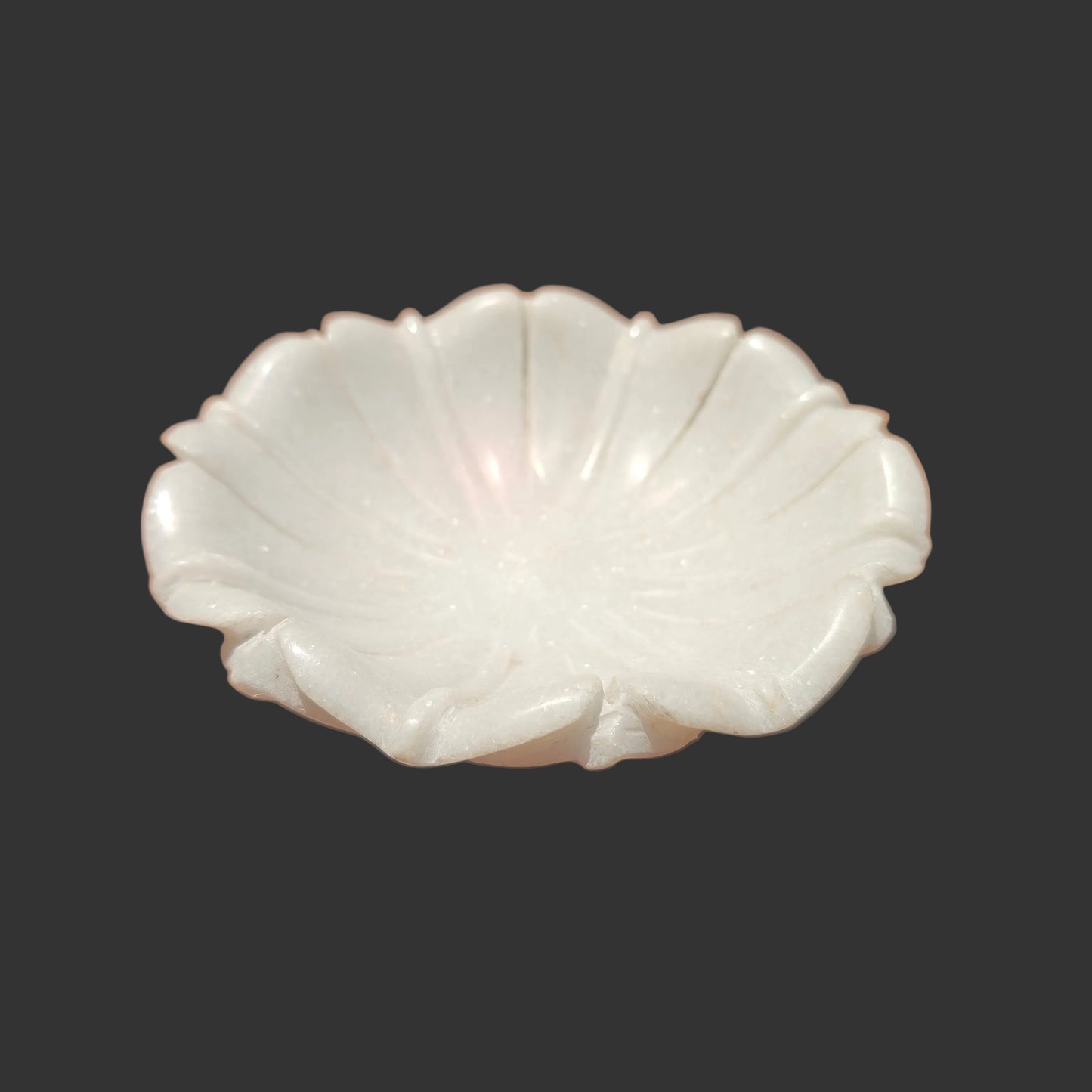 White marble shell bowl hand-carved ridged petals decorative puja and fruit bowl 6x6x2 inch