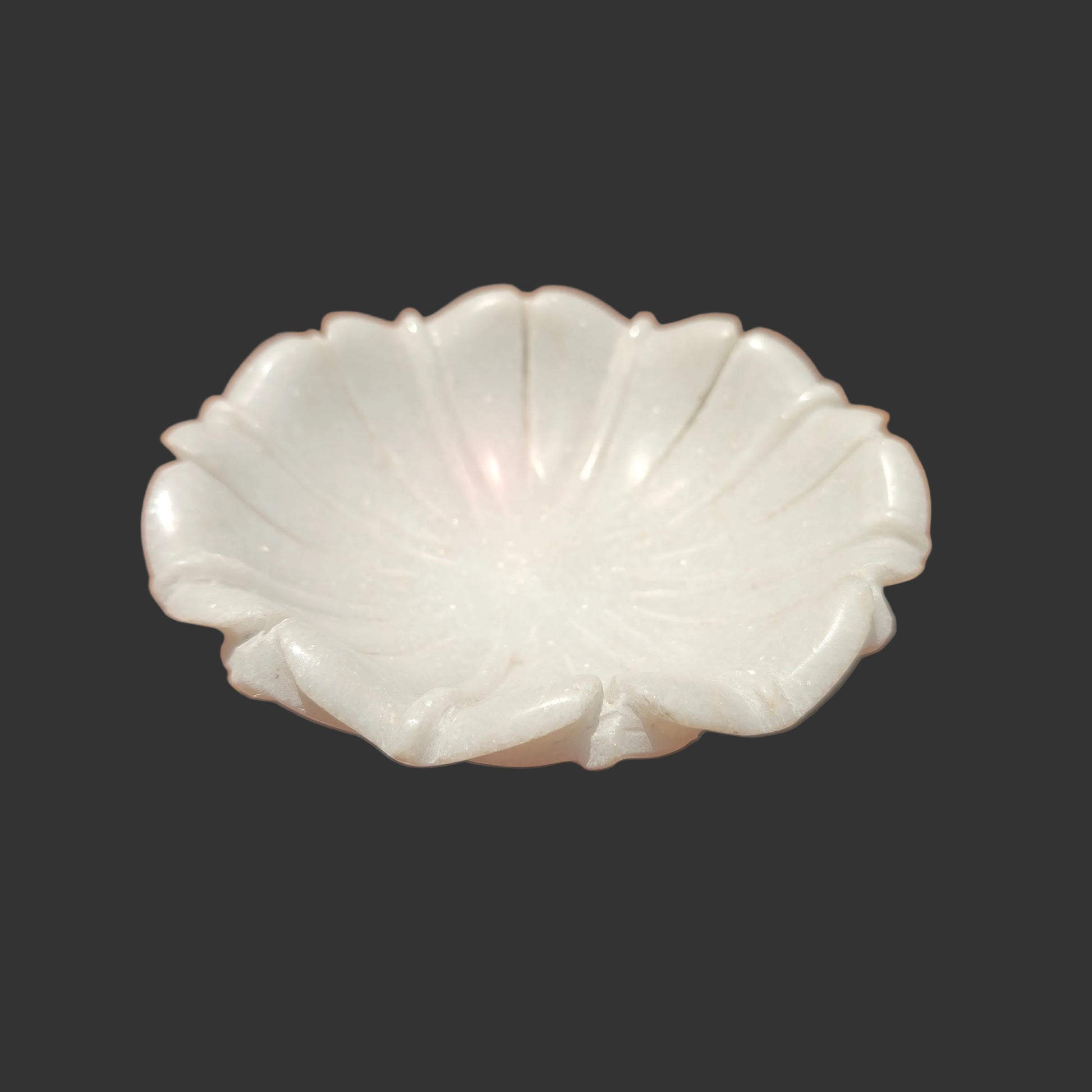 White marble shell bowl hand-carved ridged petals decorative puja and fruit bowl 6x6x2 inch