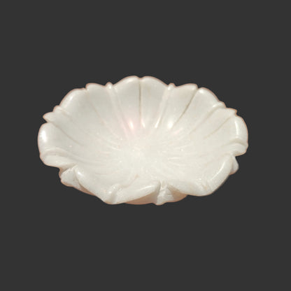 White marble shell bowl hand-carved ridged petals decorative puja and fruit bowl 6x6x2 inch