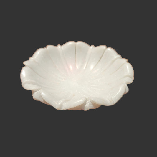 White marble shell bowl hand-carved ridged petals decorative puja and fruit bowl 6x6x2 inch