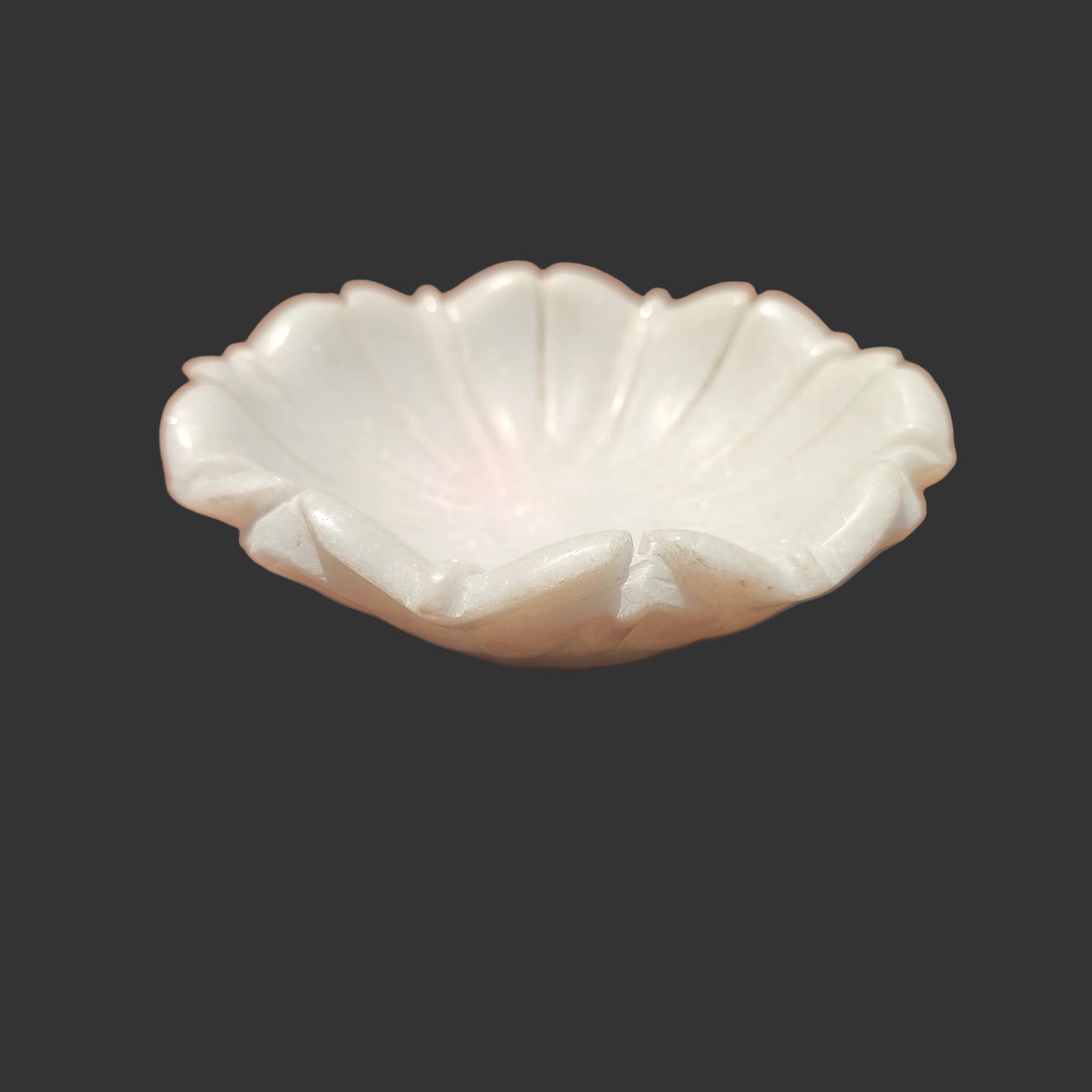 White marble shell bowl 6 inch side view scalloped petal design