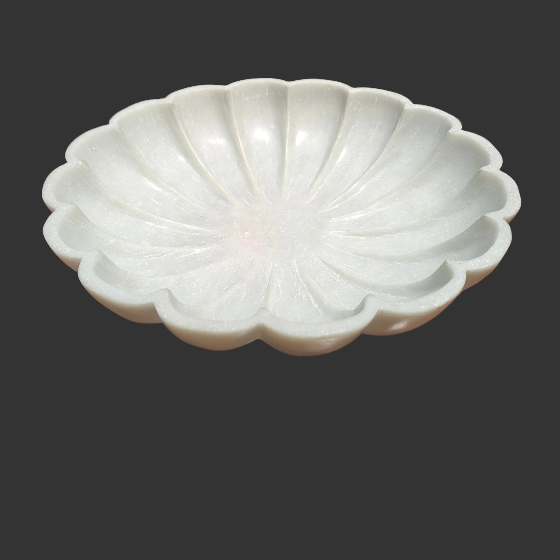 White marble shell bowl hand-carved ridged petals decorative puja and fruit bowl 14.75x14.75x3 inch