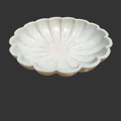 White marble shell bowl hand-carved ridged petals decorative puja and fruit bowl 14.75x14.75x3 inch
