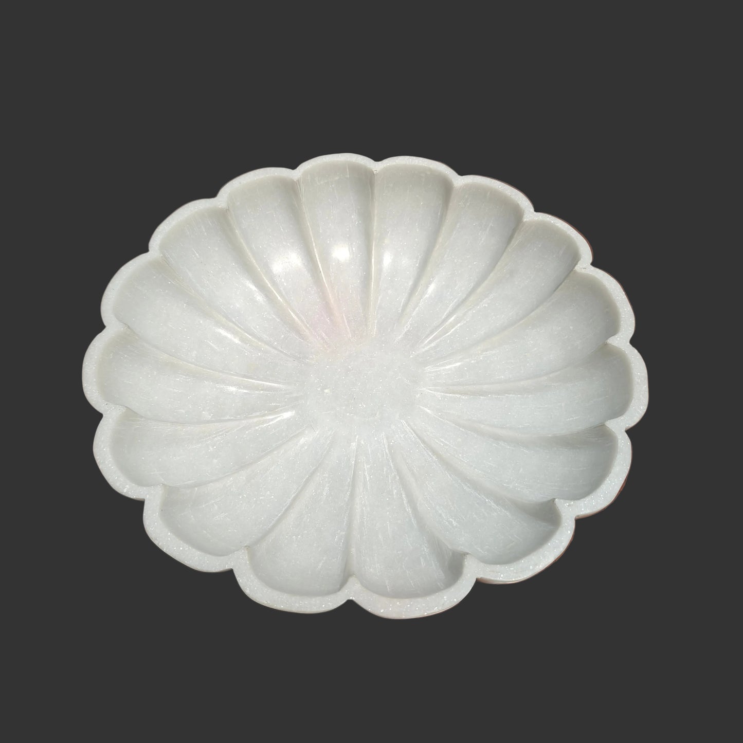 White marble shell bowl side view scalloped petal design