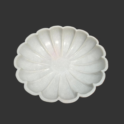 White marble shell bowl side view scalloped petal design