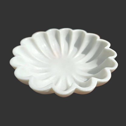White marble shell bowl small hand-carved ridged petals decorative puja and fruit bowl 9x9x2.5 inch
