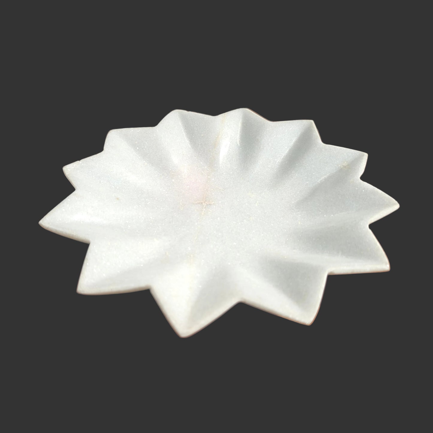 White marble star plate hand-carved pointed petal design decorative puja and serving plate 9x9x1.5 inch