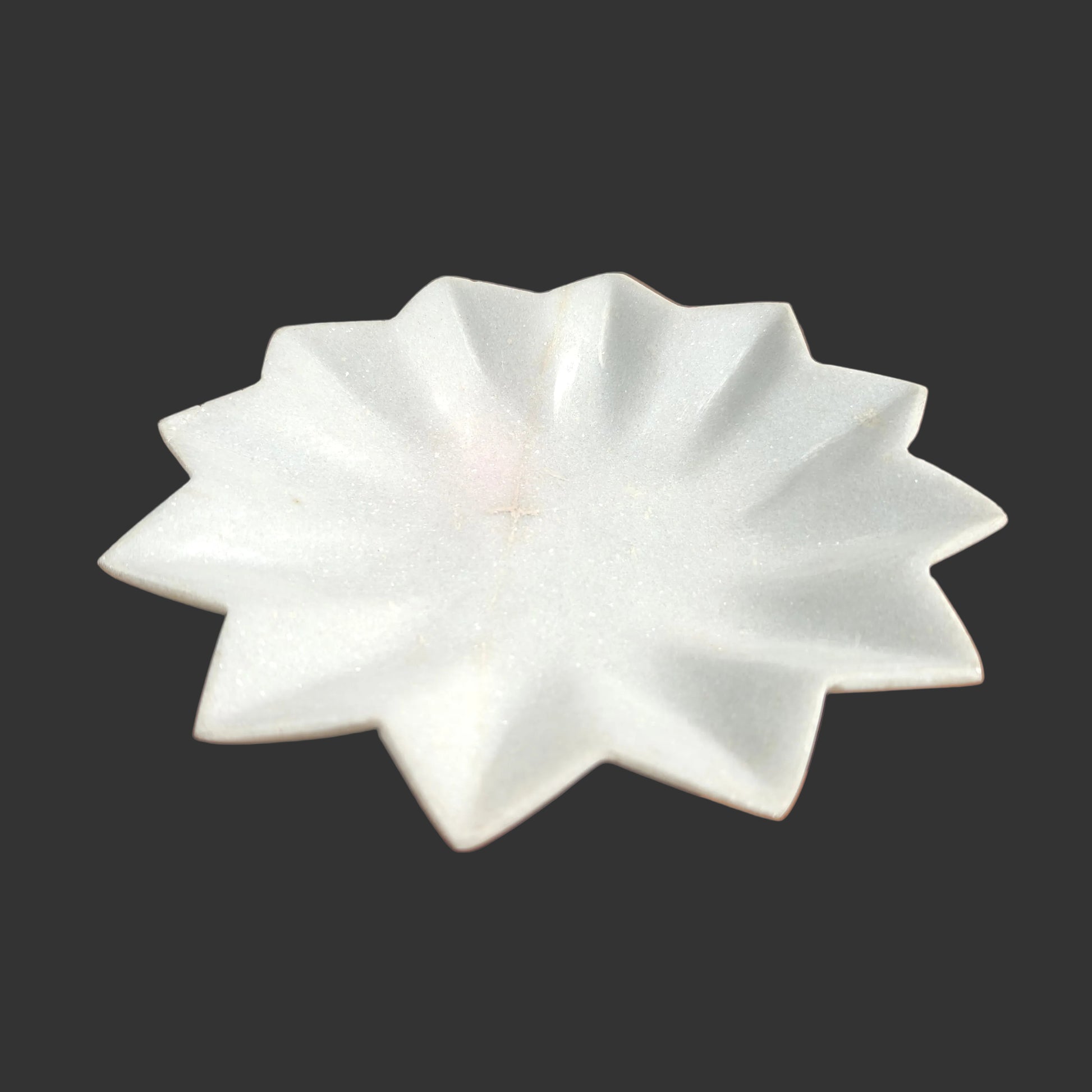 White marble star plate hand-carved pointed petal design decorative puja and serving plate 9x9x1.5 inch