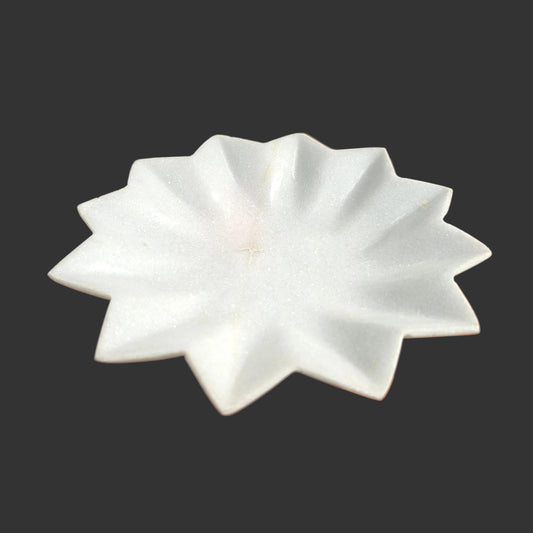 White marble star plate hand-carved pointed petal design decorative puja and serving plate 9x9x1.5 inch