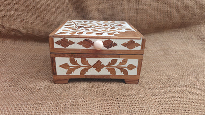 Teak Wood Inlay Floral Box | White Resin | Handcrafted Decorative Box | 6x6 inch
