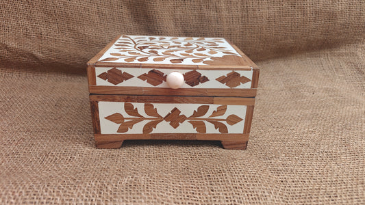 Teak Wood Inlay Floral Box | White Resin | Handcrafted Decorative Box | 6x6 inch