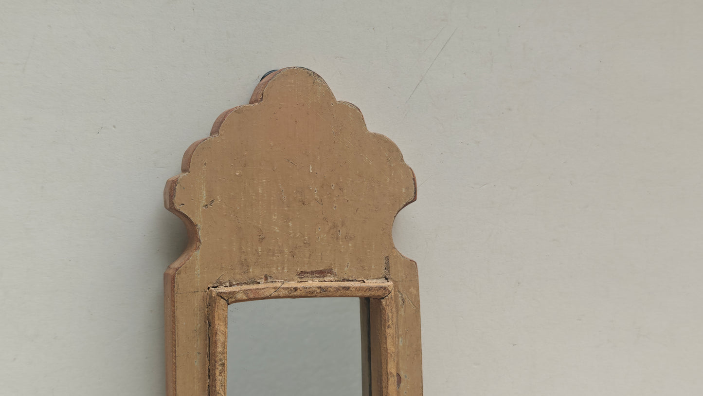 Vintage Beige Jharokha Wooden Wall Mirror | Moroccan Style Distressed Frame | Gujarat & Rajasthan