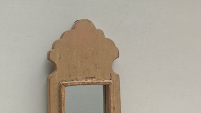 Vintage Beige Jharokha Wooden Wall Mirror | Moroccan Style Distressed Frame | Gujarat & Rajasthan