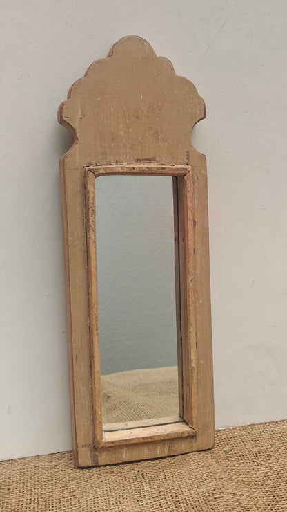 Vintage Beige Jharokha Wooden Wall Mirror | Moroccan Style Distressed Frame | Gujarat & Rajasthan