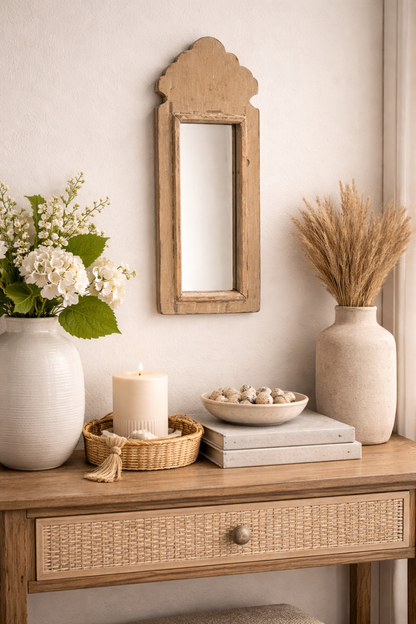 Vintage Beige Jharokha Wooden Wall Mirror | Moroccan Style Distressed Frame | Gujarat & Rajasthan