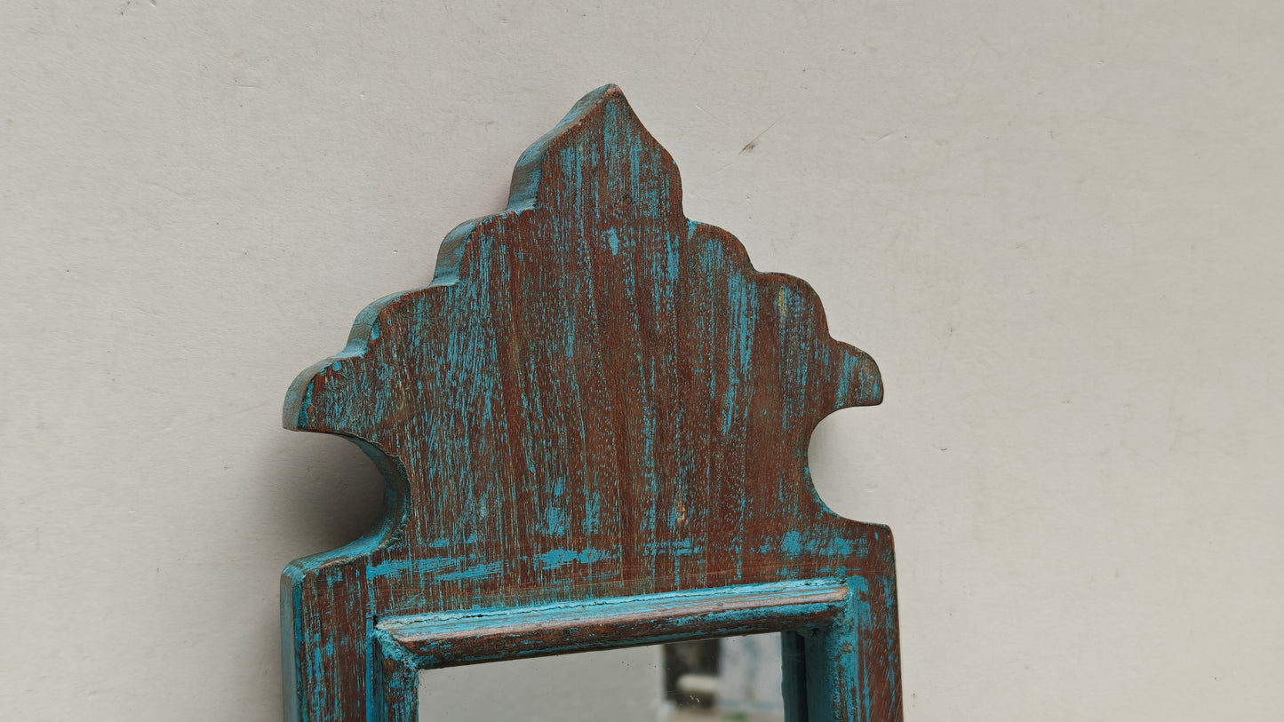 Vintage Dark Blue Jharokha Wooden Wall Mirror | Moroccan Style Distressed Frame | Gujarat & Rajasthan