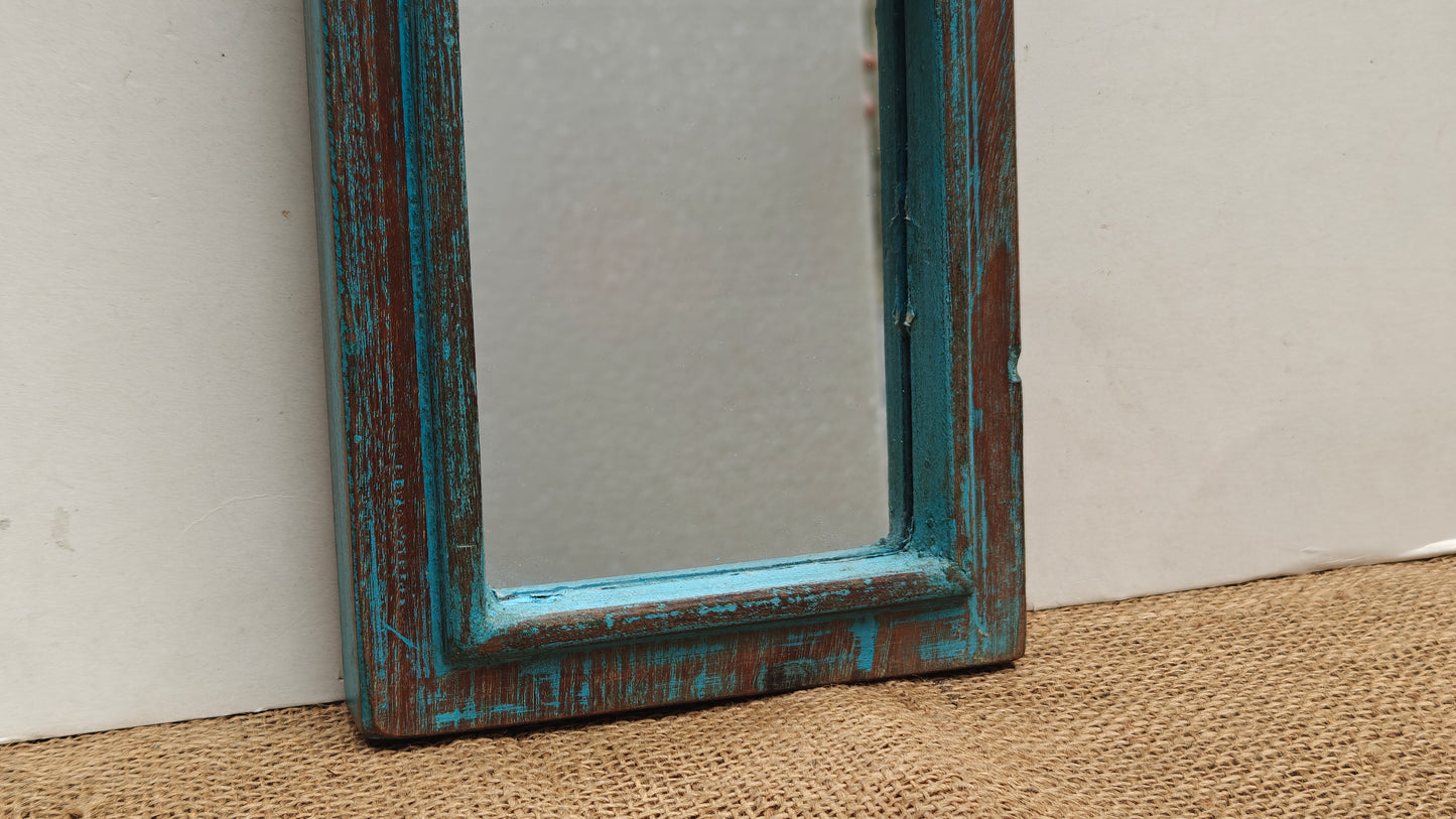 Vintage Dark Blue Jharokha Wooden Wall Mirror | Moroccan Style Distressed Frame | Gujarat & Rajasthan