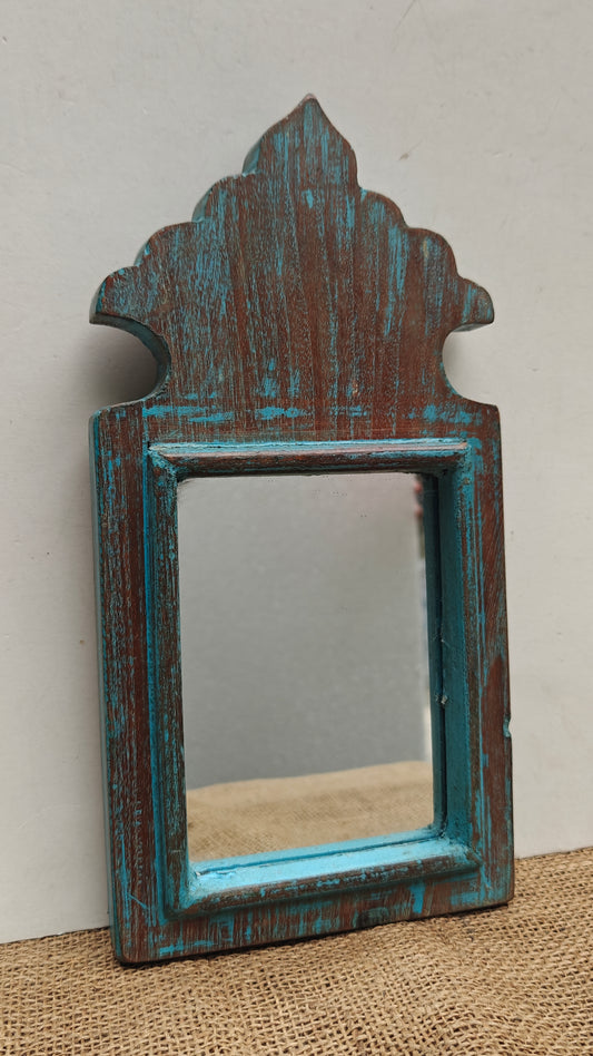 Vintage Dark Blue Jharokha Wooden Wall Mirror | Moroccan Style Distressed Frame | Gujarat & Rajasthan