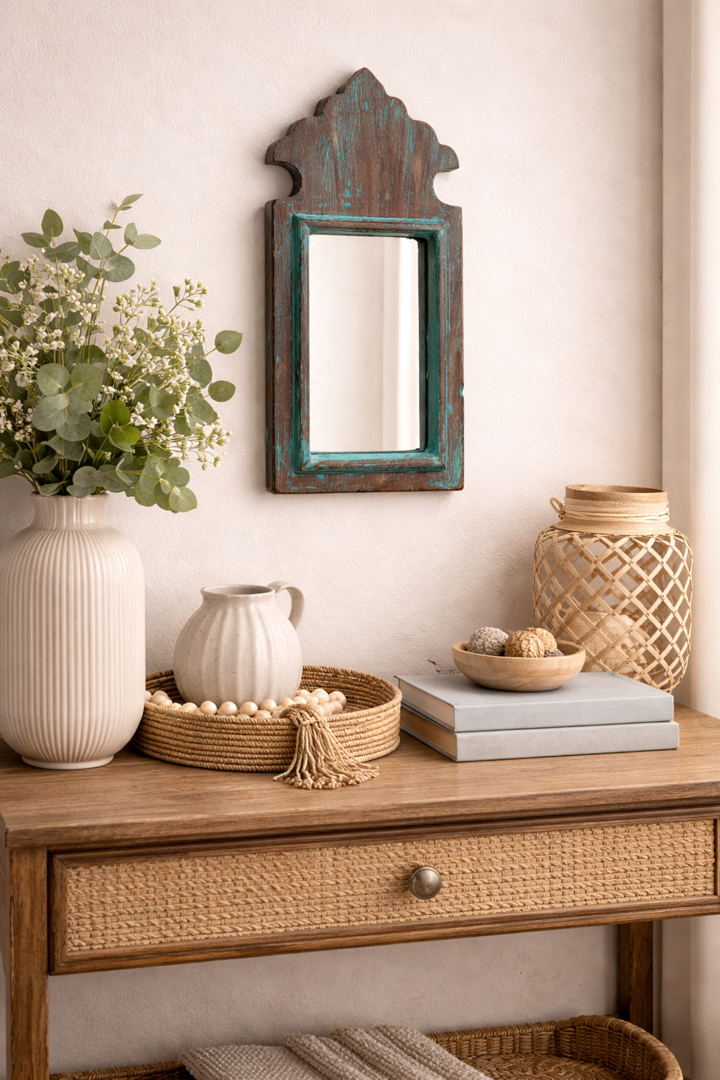 Vintage Dark Blue Jharokha Wooden Wall Mirror | Moroccan Style Distressed Frame | Gujarat & Rajasthan