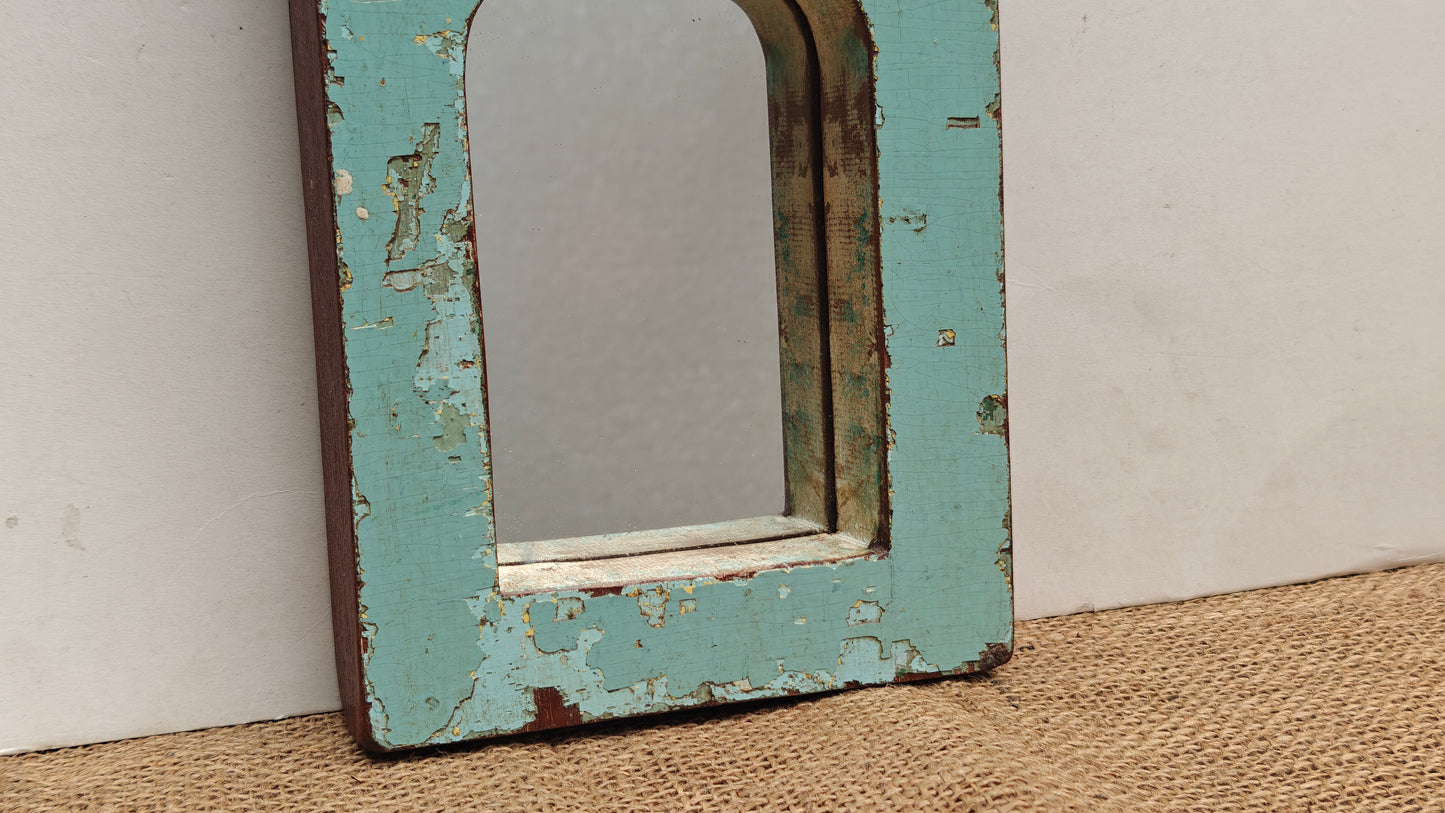 Vintage Blue Jharokha Wooden Wall Mirror | Moroccan Style Distressed Frame | Small