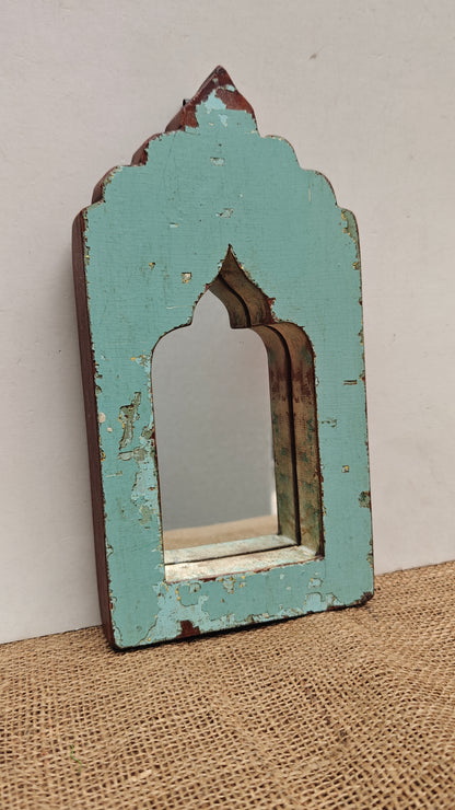Vintage Blue Jharokha Wooden Wall Mirror | Moroccan Style Distressed Frame | Small
