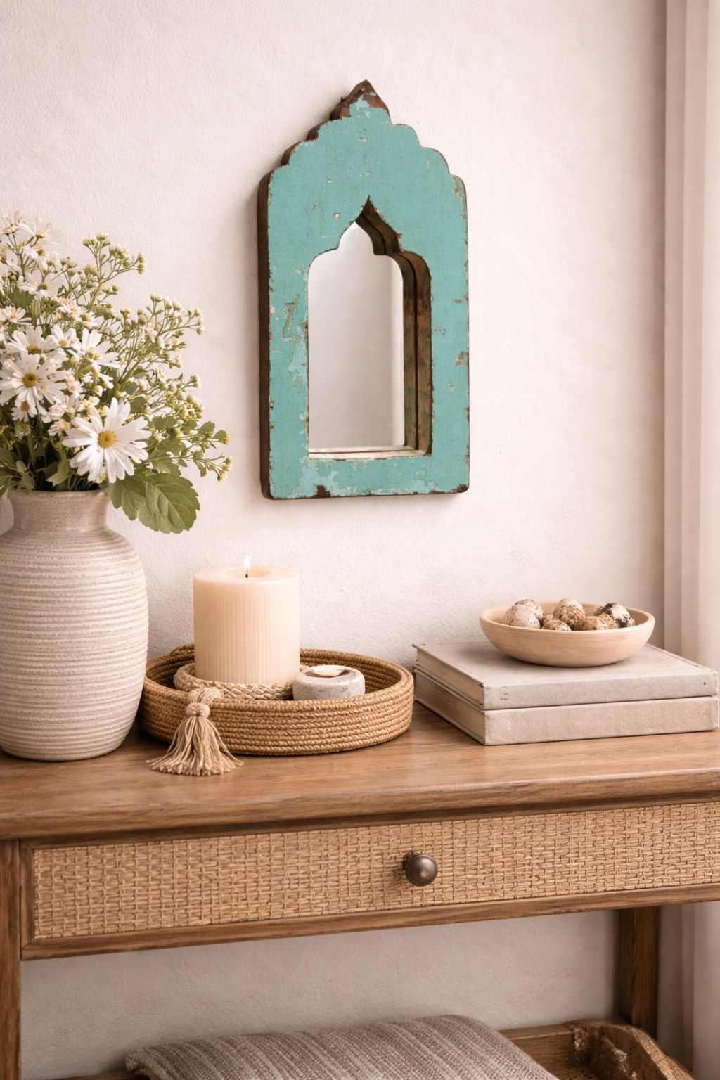 Vintage Blue Jharokha Wooden Wall Mirror | Moroccan Style Distressed Frame | Small
