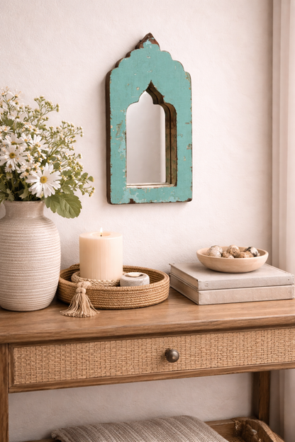 Vintage Blue Jharokha Wooden Wall Mirror | Moroccan Style Distressed Frame | Small
